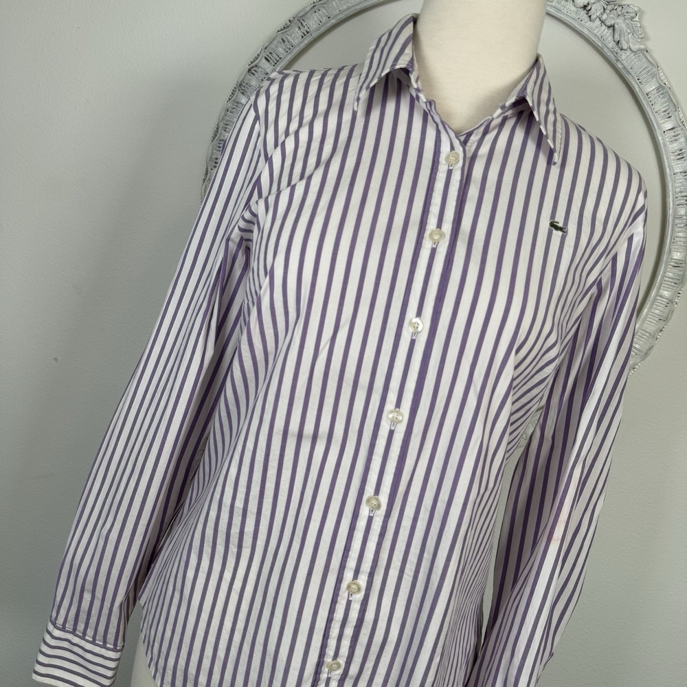 Vtg Lacoste Shirt Womens Sz 6 US Lavender Striped‎ Button Top Long Sleeve Preppy